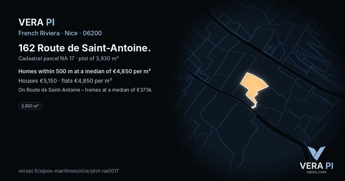 162 Route de Saint-Antoine, Nice at night – the plot lit, the parcels around coloured by the prices near them