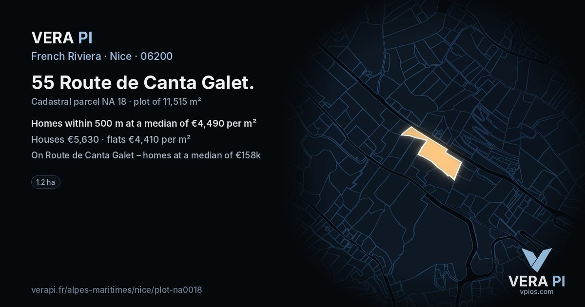 55 Route de Canta Galet, Nice at night – the plot lit, the parcels around coloured by the prices near them