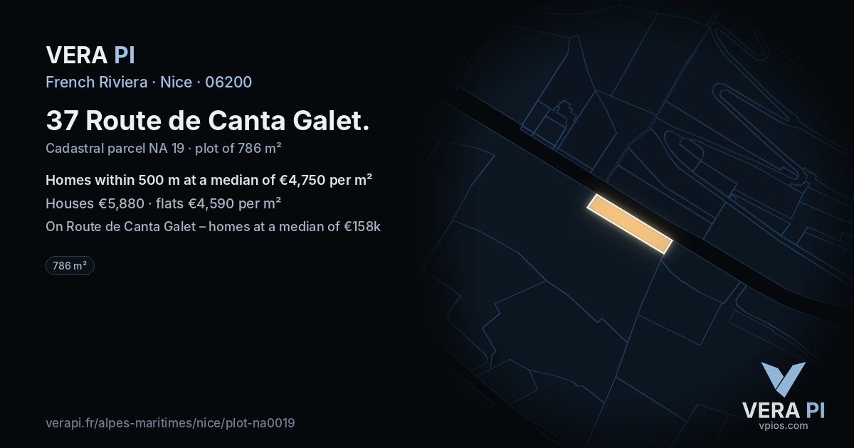 37 Route de Canta Galet, Nice at night – the plot lit, the parcels around coloured by the prices near them