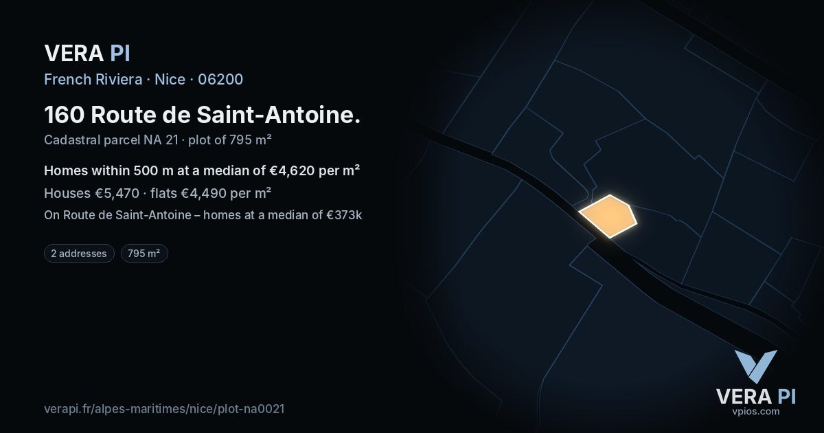 160 Route de Saint-Antoine, Nice at night – the plot lit, the parcels around coloured by the prices near them