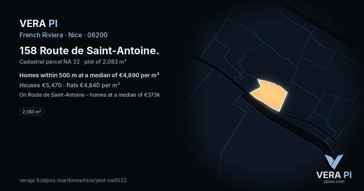 158 Route de Saint-Antoine, Nice at night – the plot lit, the parcels around coloured by the prices near them