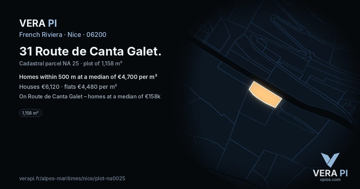 31 Route de Canta Galet, Nice at night – the plot lit, the parcels around coloured by the prices near them