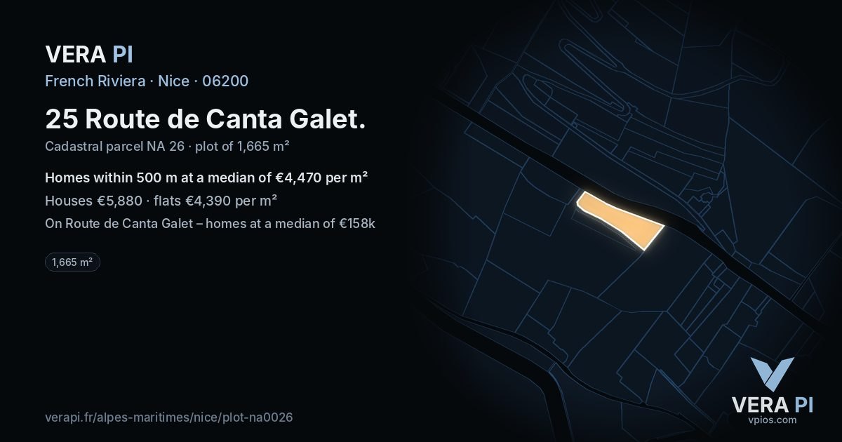 25 Route de Canta Galet, Nice at night – the plot lit, the parcels around coloured by the prices near them