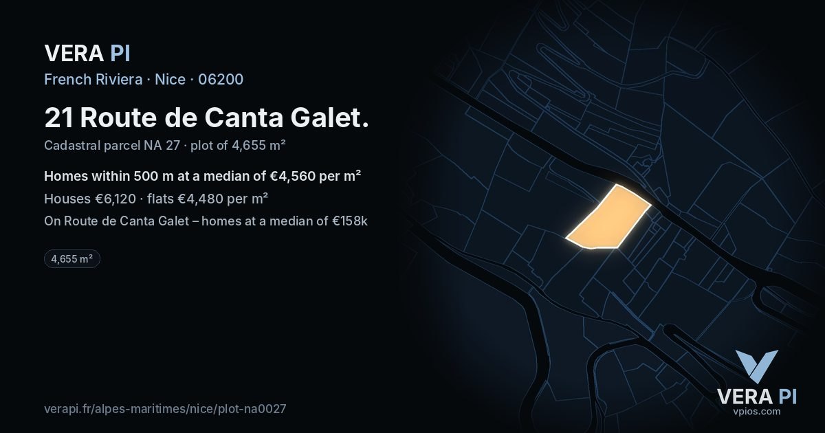 21 Route de Canta Galet, Nice at night – the plot lit, the parcels around coloured by the prices near them