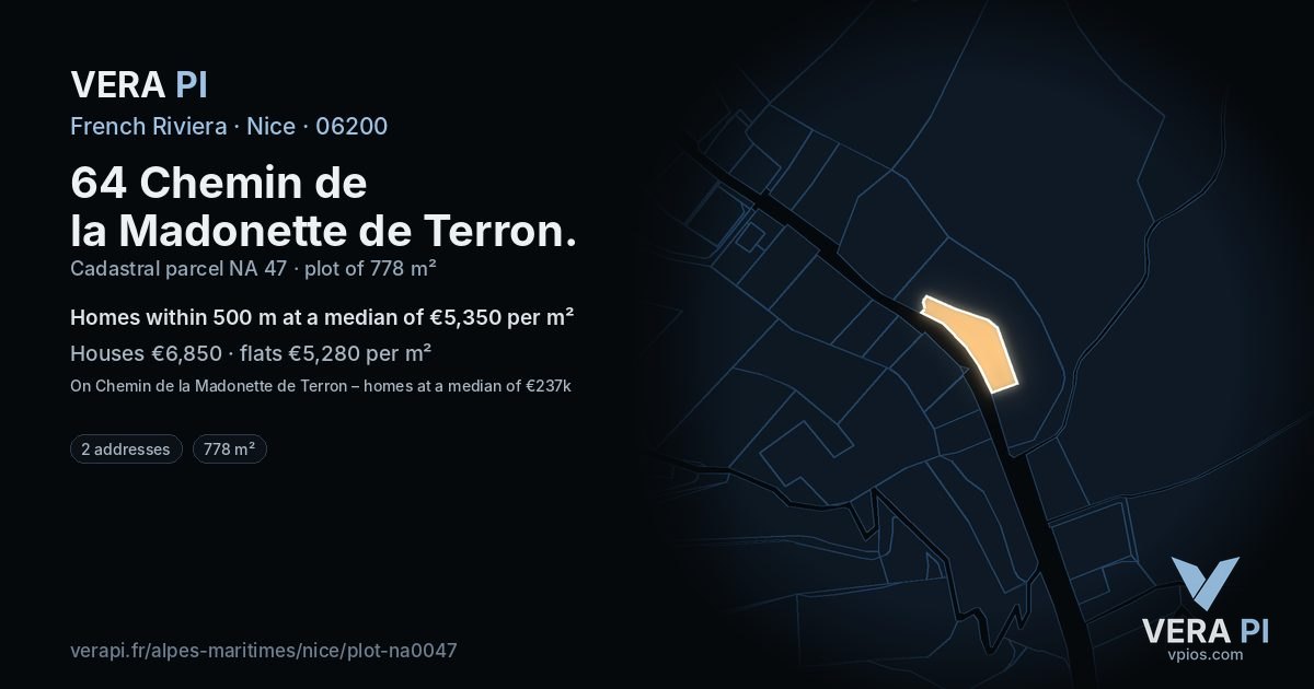 64 Chemin de la Madonette de Terron, Nice at night – the plot lit, the parcels around coloured by the prices near them