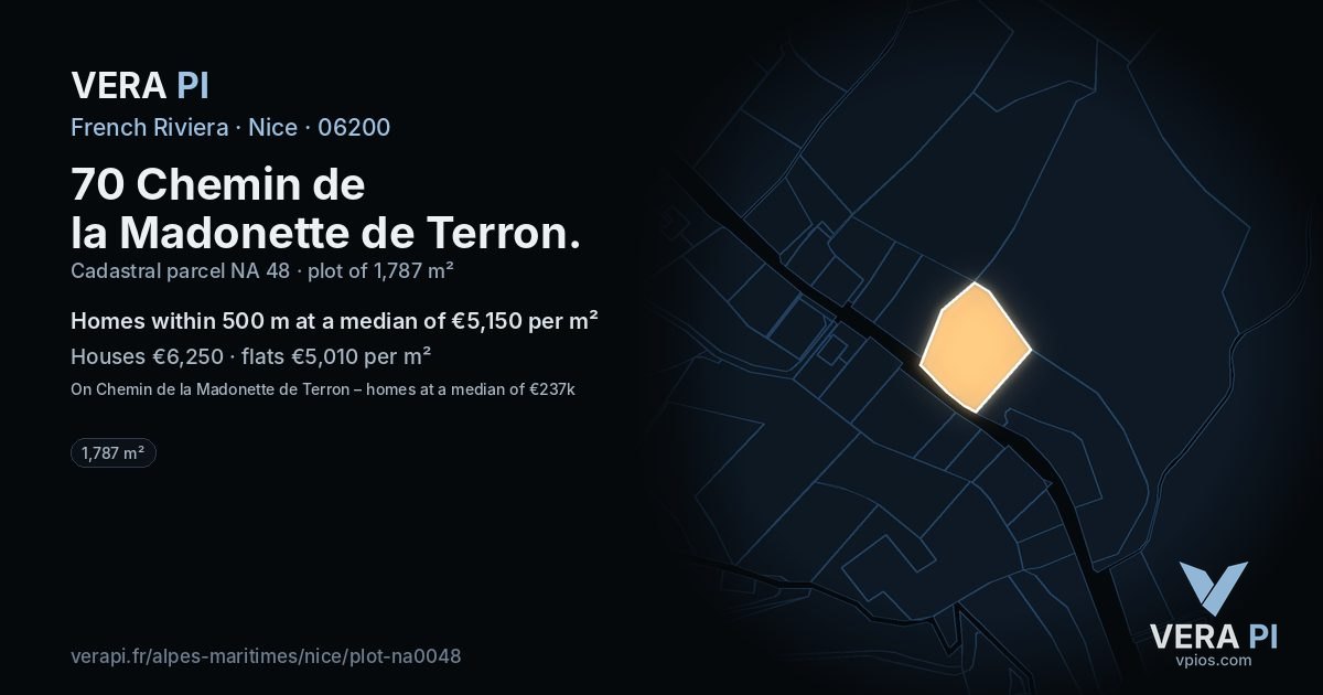 70 Chemin de la Madonette de Terron, Nice at night – the plot lit, the parcels around coloured by the prices near them