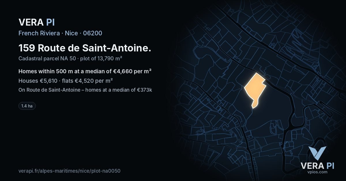 159 Route de Saint-Antoine, Nice at night – the plot lit, the parcels around coloured by the prices near them