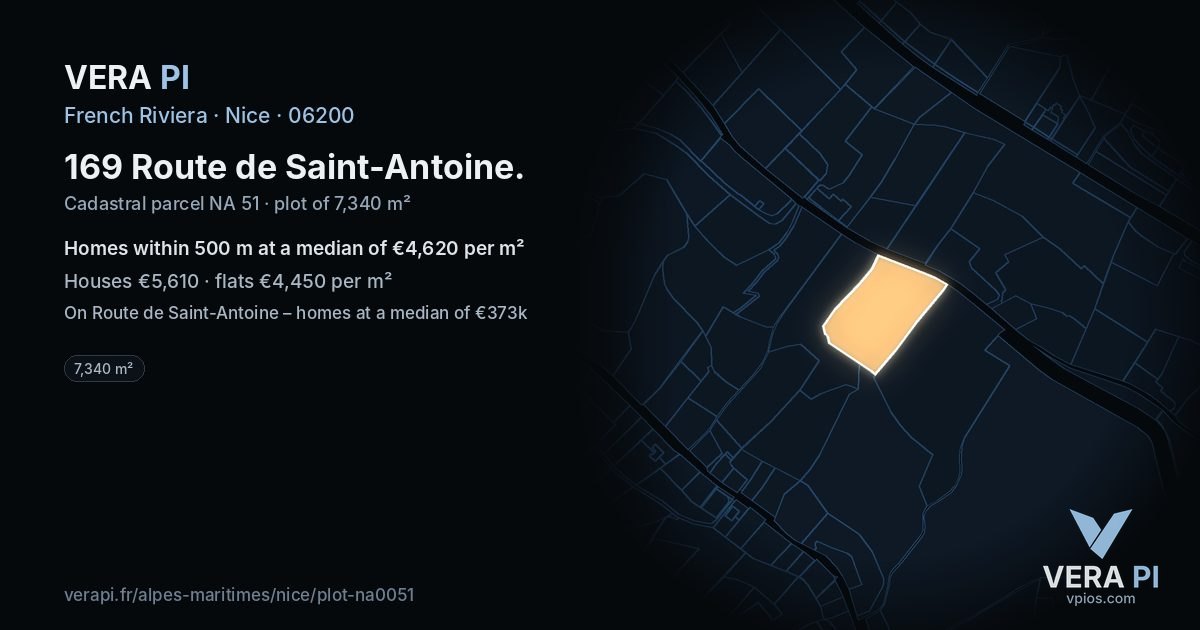 169 Route de Saint-Antoine, Nice at night – the plot lit, the parcels around coloured by the prices near them