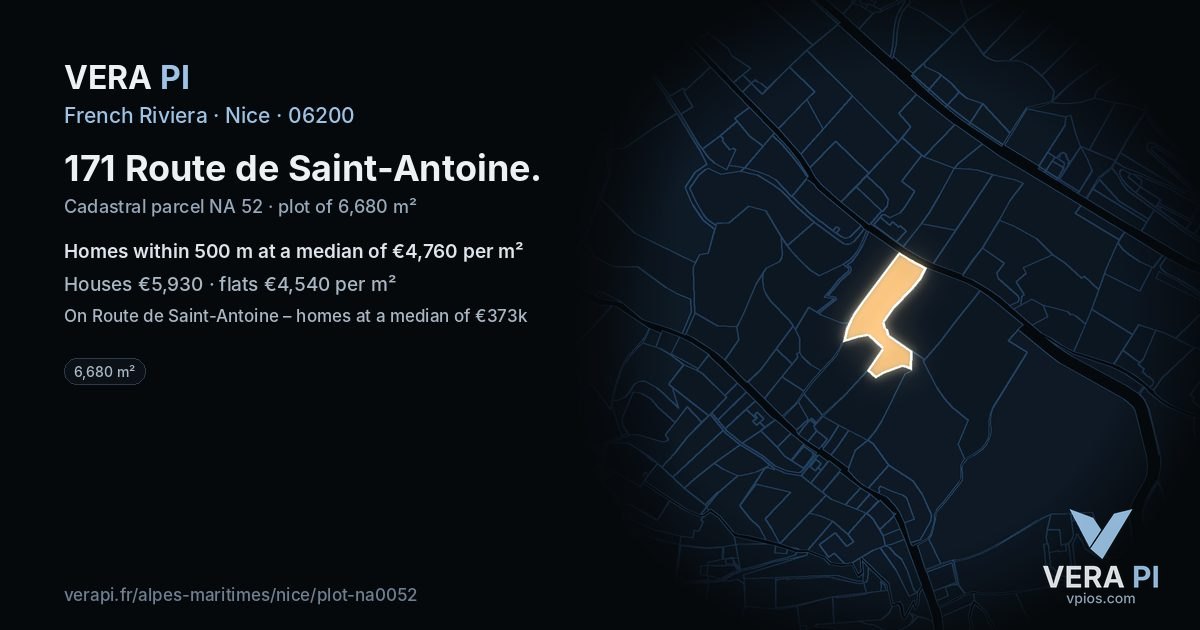 171 Route de Saint-Antoine, Nice at night – the plot lit, the parcels around coloured by the prices near them