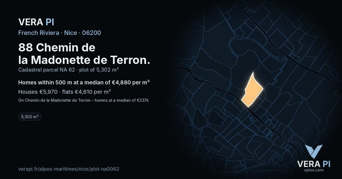 88 Chemin de la Madonette de Terron, Nice at night – the plot lit, the parcels around coloured by the prices near them