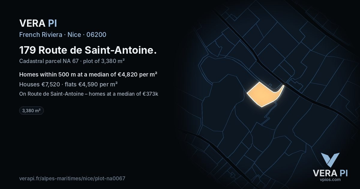 179 Route de Saint-Antoine, Nice at night – the plot lit, the parcels around coloured by the prices near them