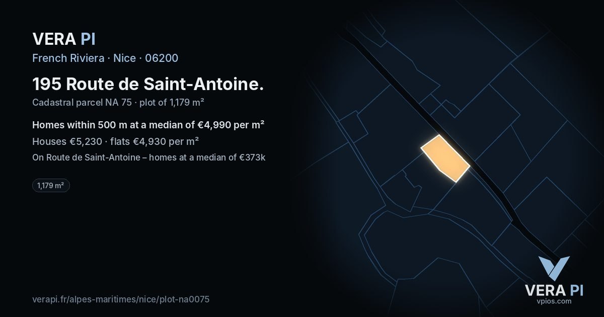 195 Route de Saint-Antoine, Nice at night – the plot lit, the parcels around coloured by the prices near them