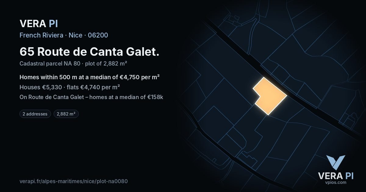 65 Route de Canta Galet, Nice at night – the plot lit, the parcels around coloured by the prices near them