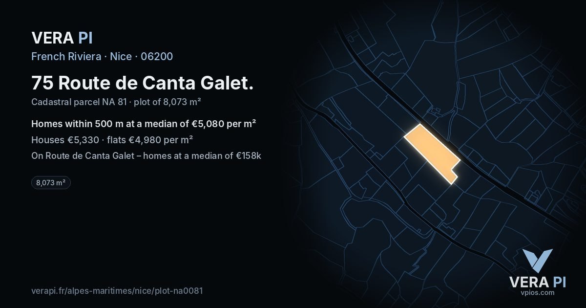 75 Route de Canta Galet, Nice at night – the plot lit, the parcels around coloured by the prices near them