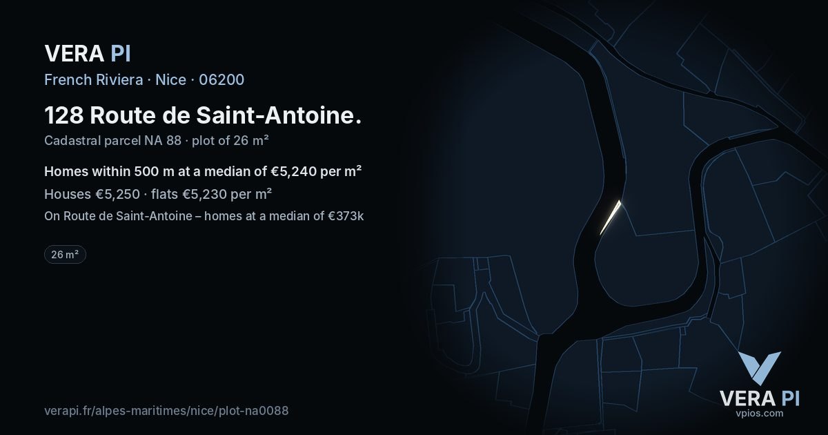 128 Route de Saint-Antoine, Nice at night – the plot lit, the parcels around coloured by the prices near them