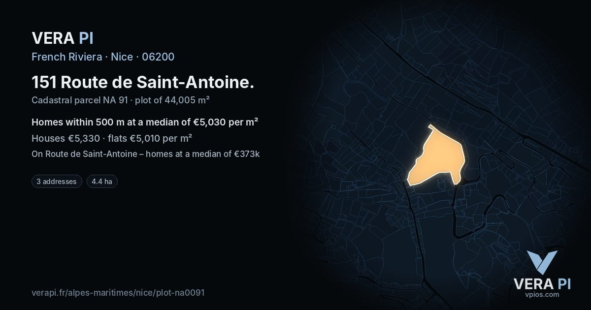 151 Route de Saint-Antoine, Nice at night – the plot lit, the parcels around coloured by the prices near them