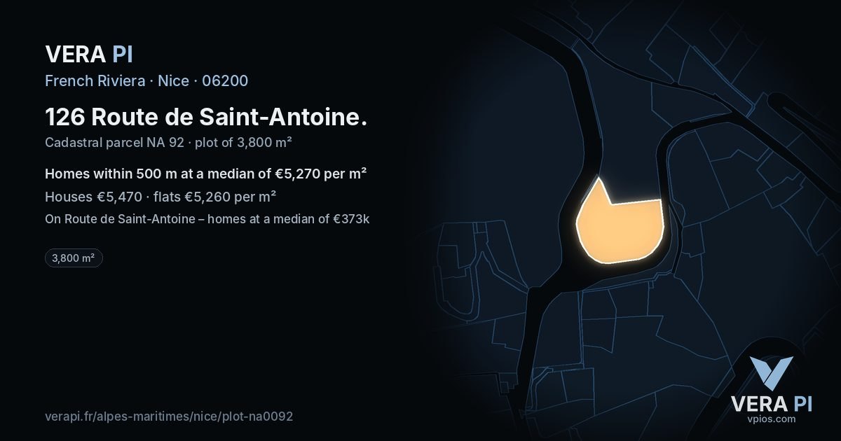 126 Route de Saint-Antoine, Nice at night – the plot lit, the parcels around coloured by the prices near them