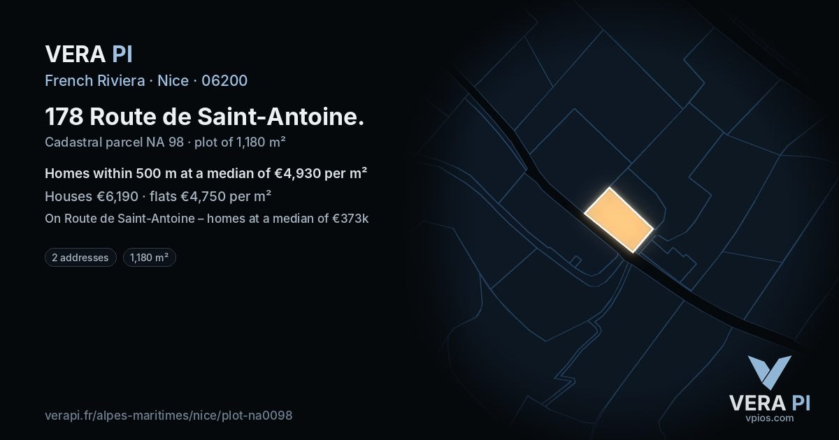 178 Route de Saint-Antoine, Nice at night – the plot lit, the parcels around coloured by the prices near them