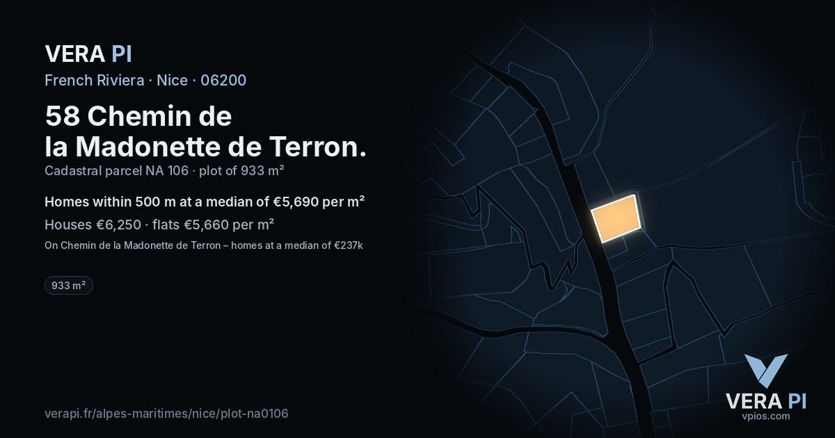 58 Chemin de la Madonette de Terron, Nice at night – the plot lit, the parcels around coloured by the prices near them