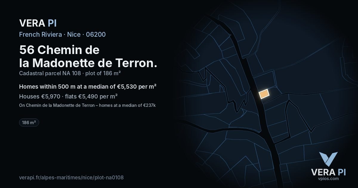 56 Chemin de la Madonette de Terron, Nice at night – the plot lit, the parcels around coloured by the prices near them