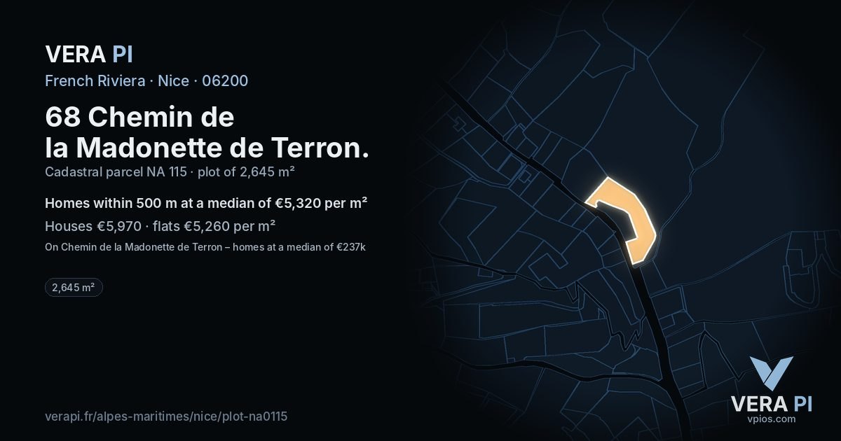 68 Chemin de la Madonette de Terron, Nice at night – the plot lit, the parcels around coloured by the prices near them