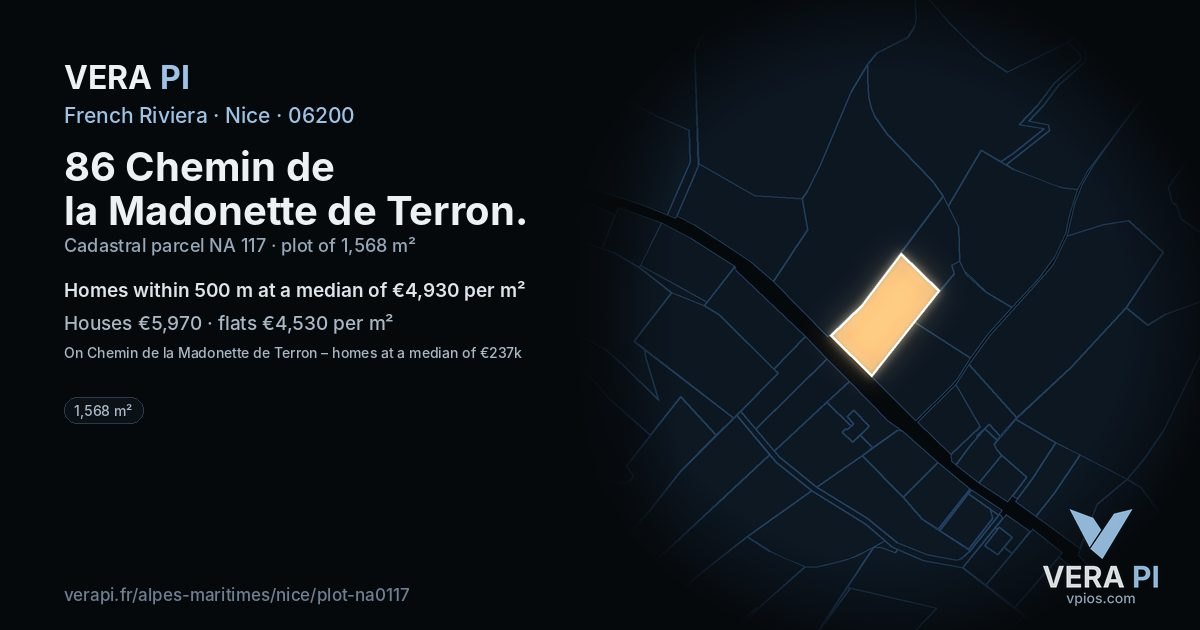 86 Chemin de la Madonette de Terron, Nice at night – the plot lit, the parcels around coloured by the prices near them