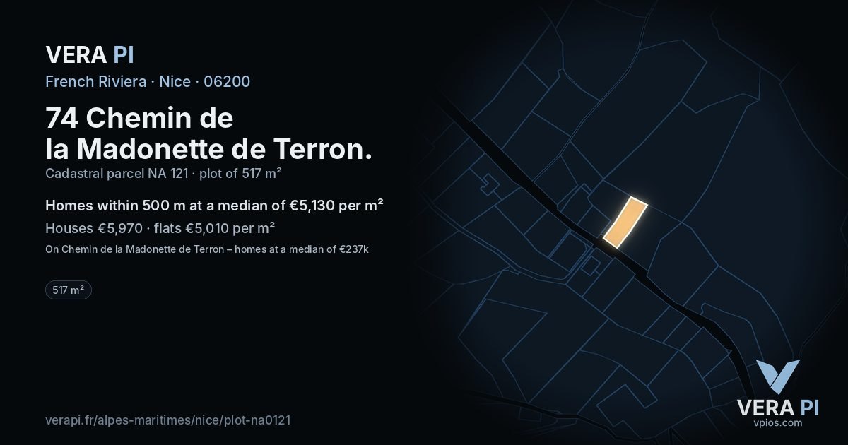 74 Chemin de la Madonette de Terron, Nice at night – the plot lit, the parcels around coloured by the prices near them