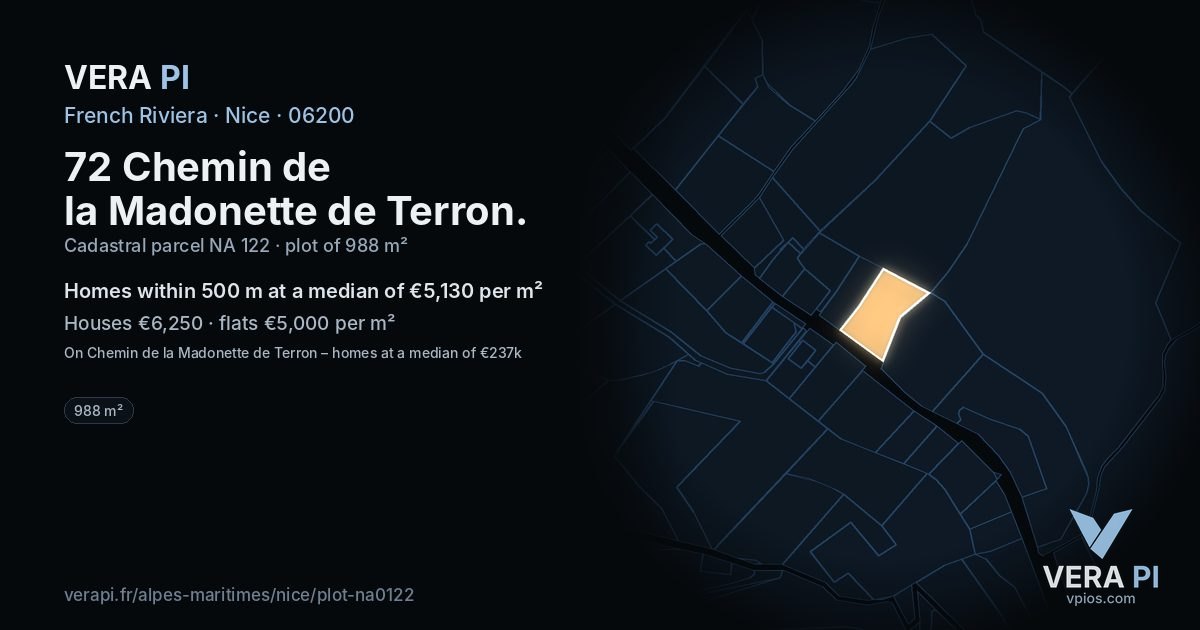 72 Chemin de la Madonette de Terron, Nice at night – the plot lit, the parcels around coloured by the prices near them