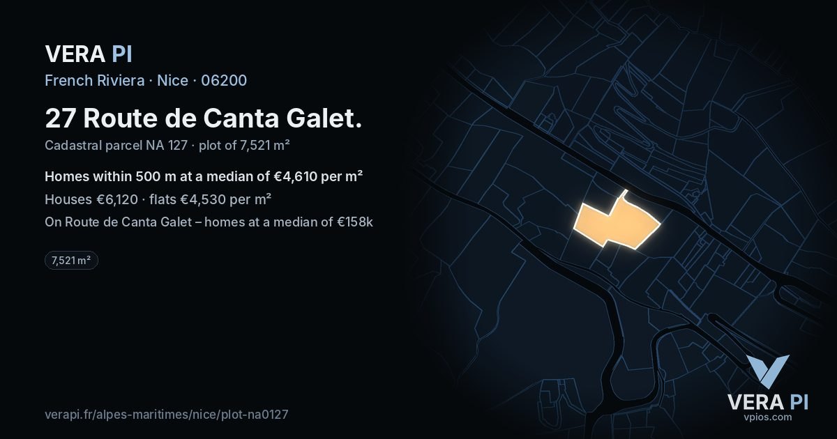 27 Route de Canta Galet, Nice at night – the plot lit, the parcels around coloured by the prices near them