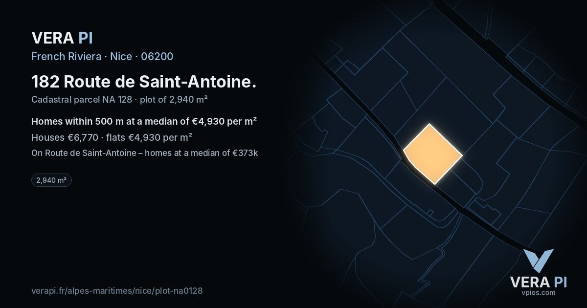 182 Route de Saint-Antoine, Nice at night – the plot lit, the parcels around coloured by the prices near them