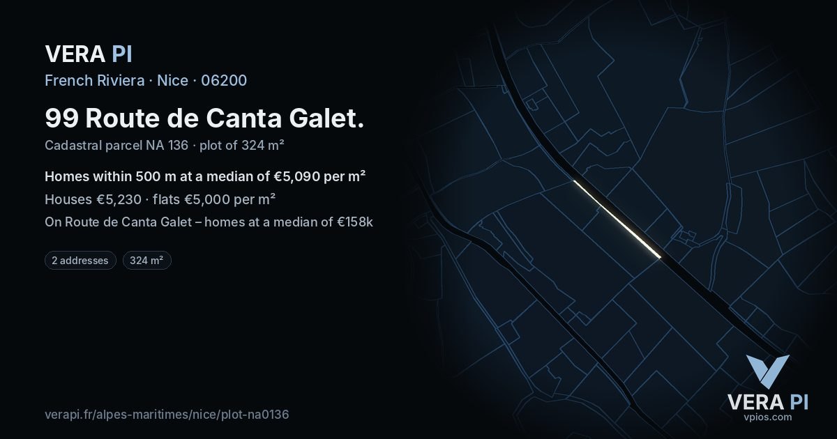 99 Route de Canta Galet, Nice at night – the plot lit, the parcels around coloured by the prices near them