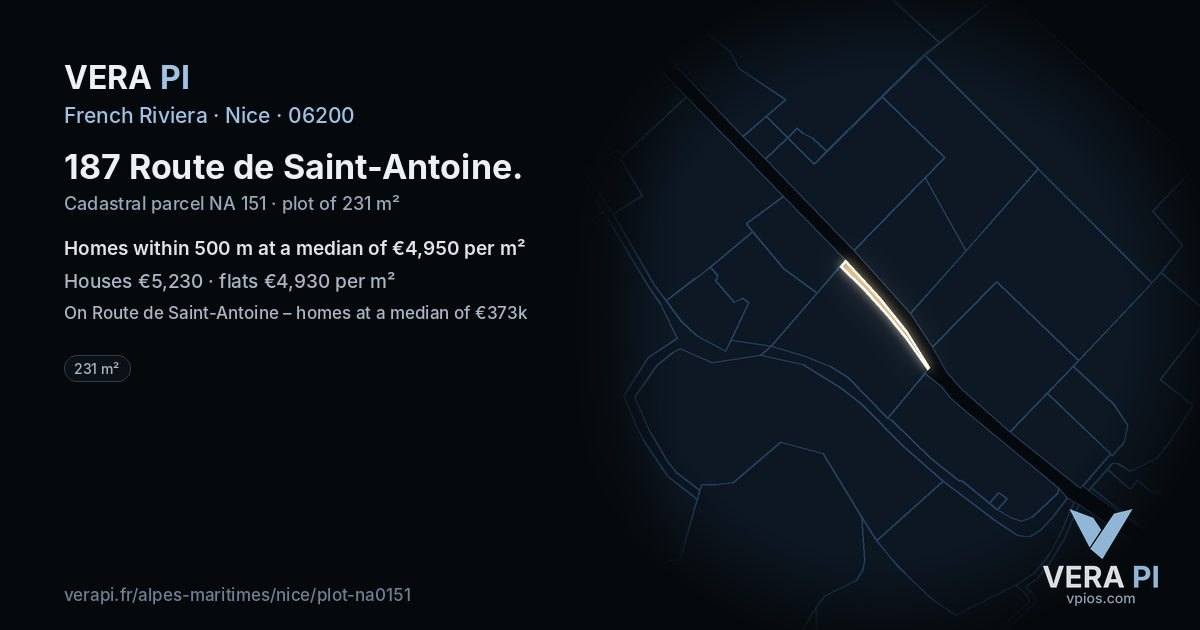 187 Route de Saint-Antoine, Nice at night – the plot lit, the parcels around coloured by the prices near them