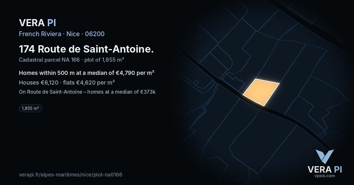 174 Route de Saint-Antoine, Nice at night – the plot lit, the parcels around coloured by the prices near them
