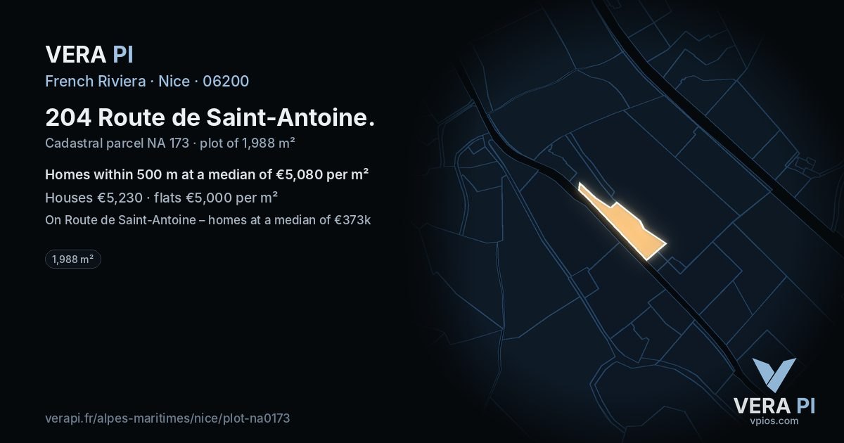 204 Route de Saint-Antoine, Nice at night – the plot lit, the parcels around coloured by the prices near them