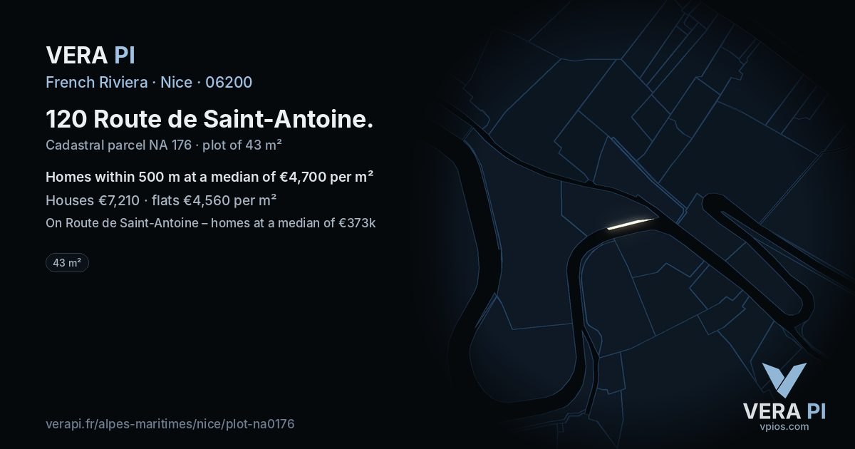 120 Route de Saint-Antoine, Nice at night – the plot lit, the parcels around coloured by the prices near them