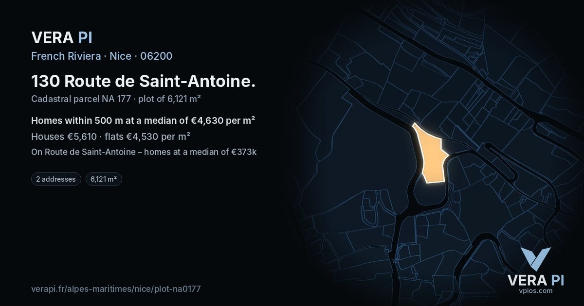 130 Route de Saint-Antoine, Nice at night – the plot lit, the parcels around coloured by the prices near them