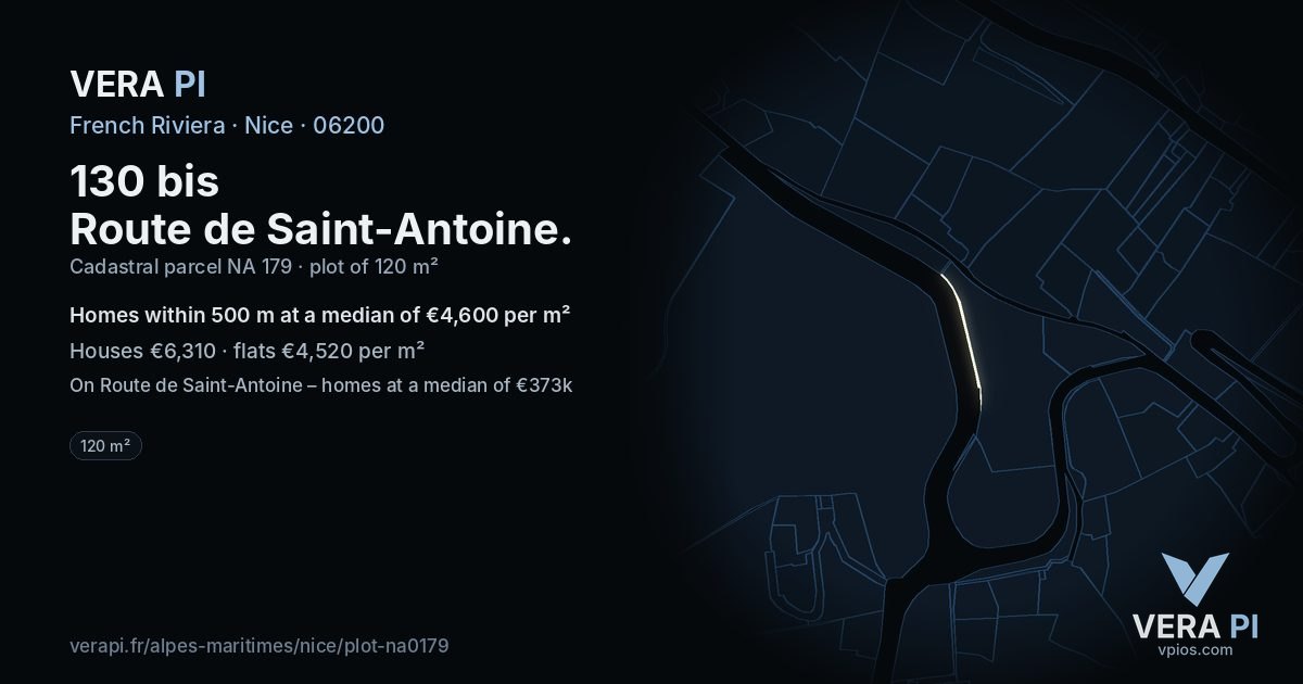 130 bis Route de Saint-Antoine, Nice at night – the plot lit, the parcels around coloured by the prices near them