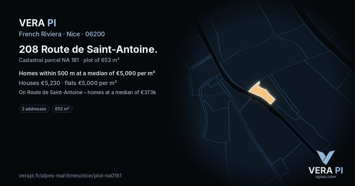 208 Route de Saint-Antoine, Nice at night – the plot lit, the parcels around coloured by the prices near them