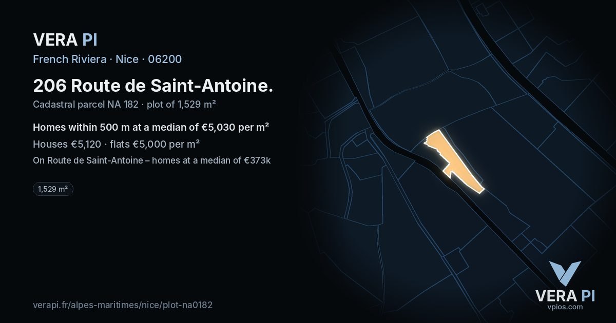 206 Route de Saint-Antoine, Nice at night – the plot lit, the parcels around coloured by the prices near them