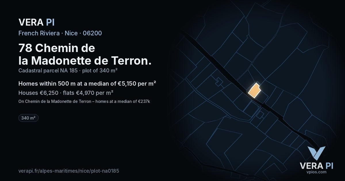 78 Chemin de la Madonette de Terron, Nice at night – the plot lit, the parcels around coloured by the prices near them