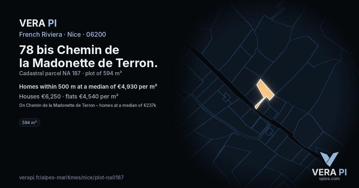 78 bis Chemin de la Madonette de Terron, Nice at night – the plot lit, the parcels around coloured by the prices near them
