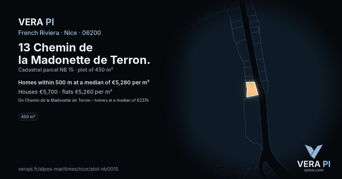 13 Chemin de la Madonette de Terron, Nice at night – the plot lit, the parcels around coloured by the prices near them