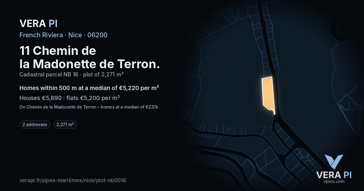 11 Chemin de la Madonette de Terron, Nice at night – the plot lit, the parcels around coloured by the prices near them