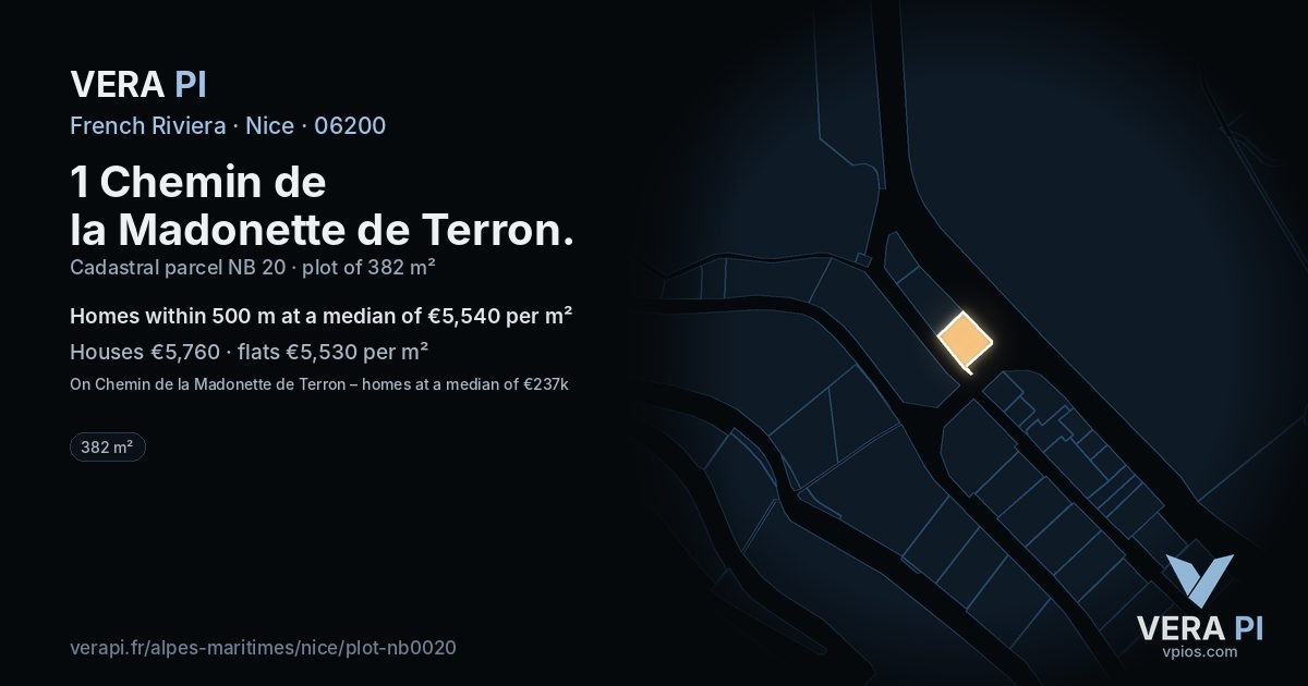 1 Chemin de la Madonette de Terron, Nice at night – the plot lit, the parcels around coloured by the prices near them