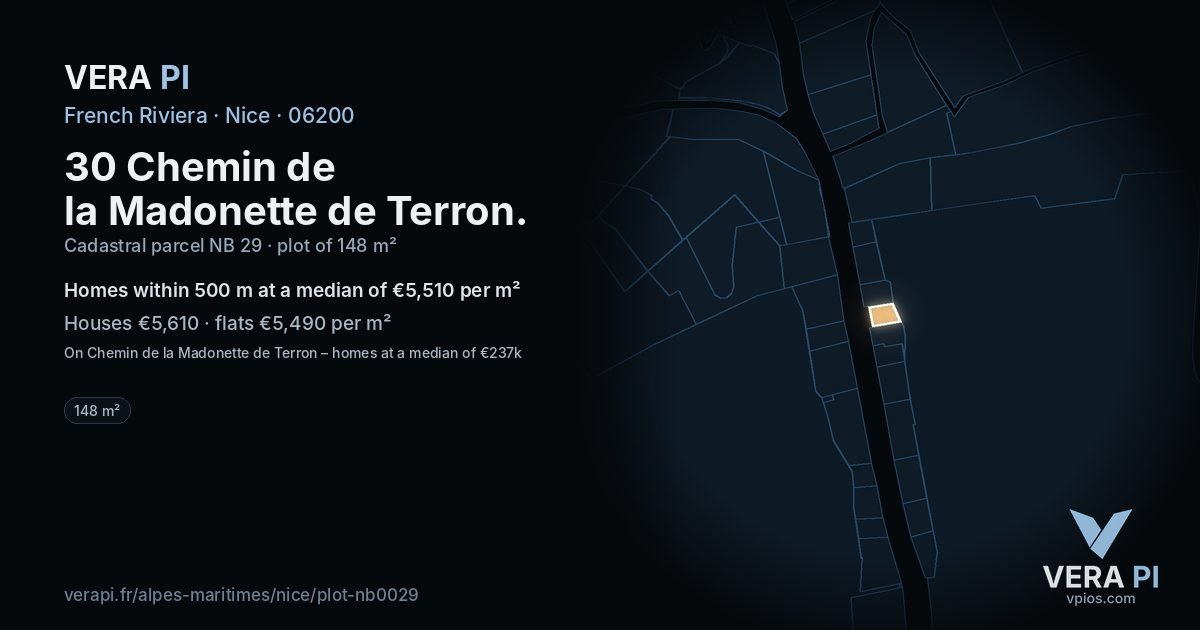 30 Chemin de la Madonette de Terron, Nice at night – the plot lit, the parcels around coloured by the prices near them