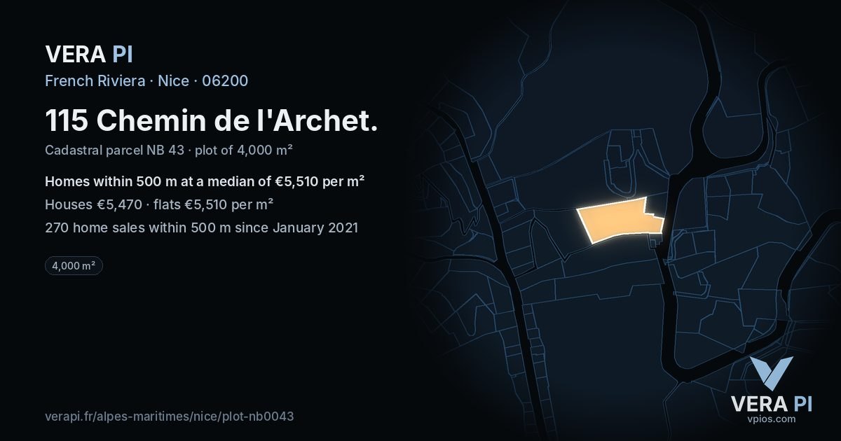 115 Chemin de l'Archet, Nice at night – the plot lit, the parcels around coloured by the prices near them