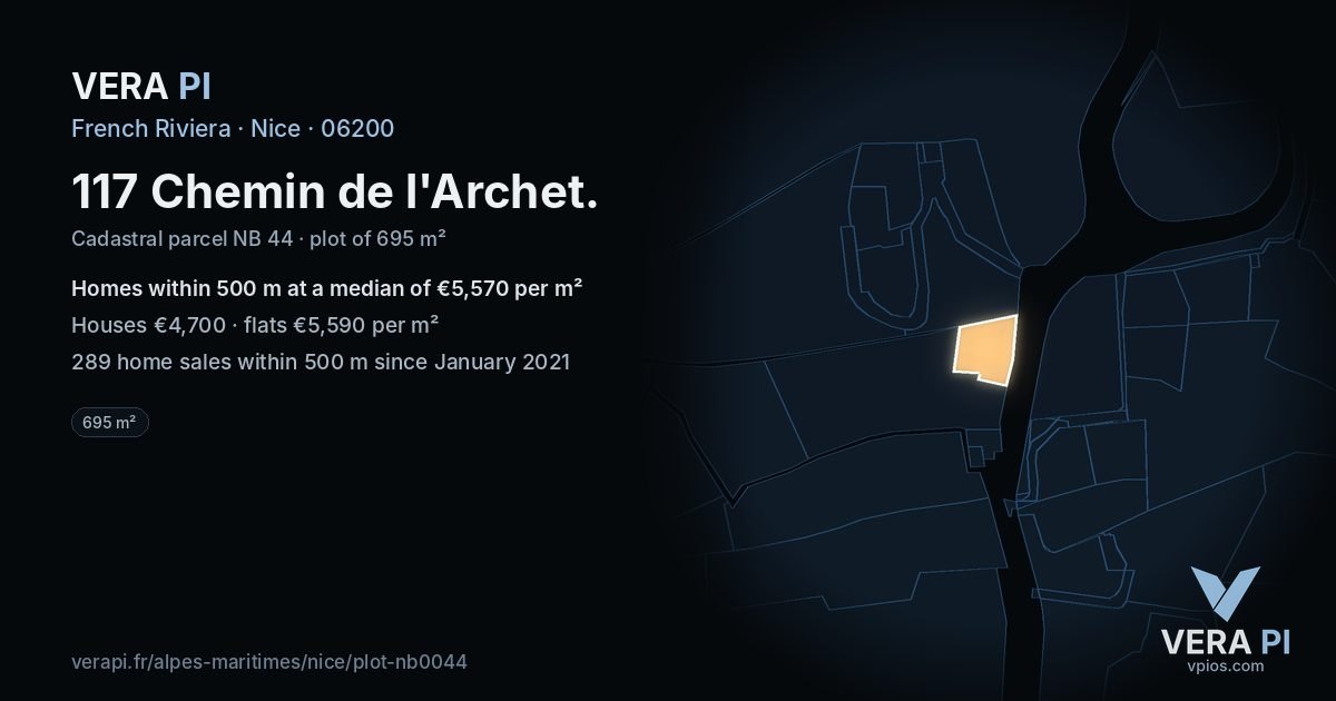 117 Chemin de l'Archet, Nice at night – the plot lit, the parcels around coloured by the prices near them