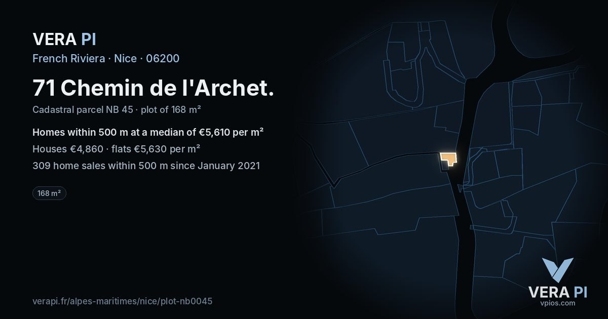71 Chemin de l'Archet, Nice at night – the plot lit, the parcels around coloured by the prices near them