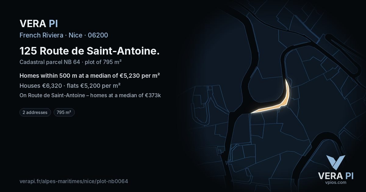 125 Route de Saint-Antoine, Nice at night – the plot lit, the parcels around coloured by the prices near them