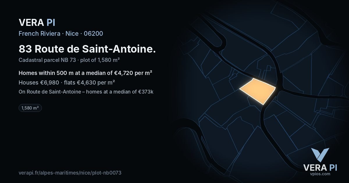 83 Route de Saint-Antoine, Nice at night – the plot lit, the parcels around coloured by the prices near them